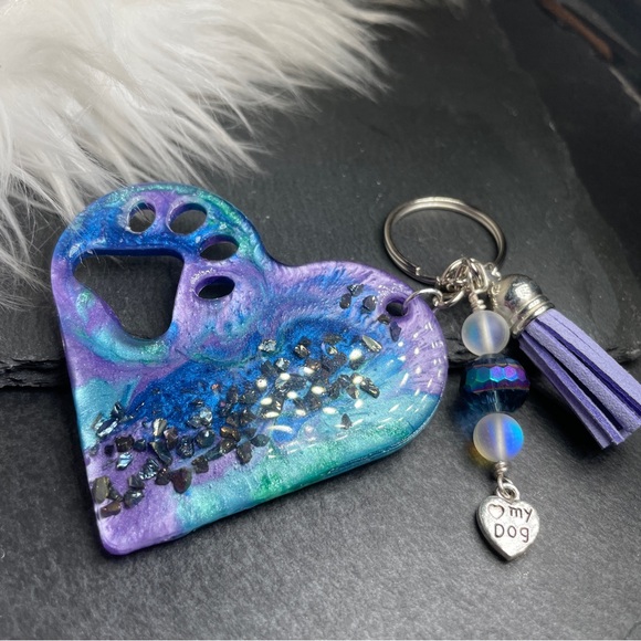 Hand Crafted Other - Custom Hand Poured Resin Heart Keychain with Paw Cutout Mermaide Bead And Charm